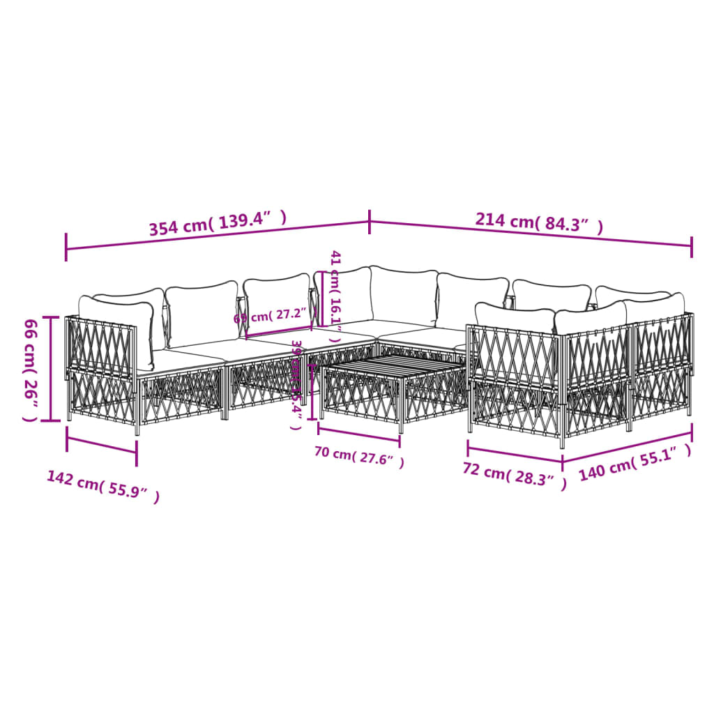 9 Piece Garden Lounge Set with Cushions White Steel