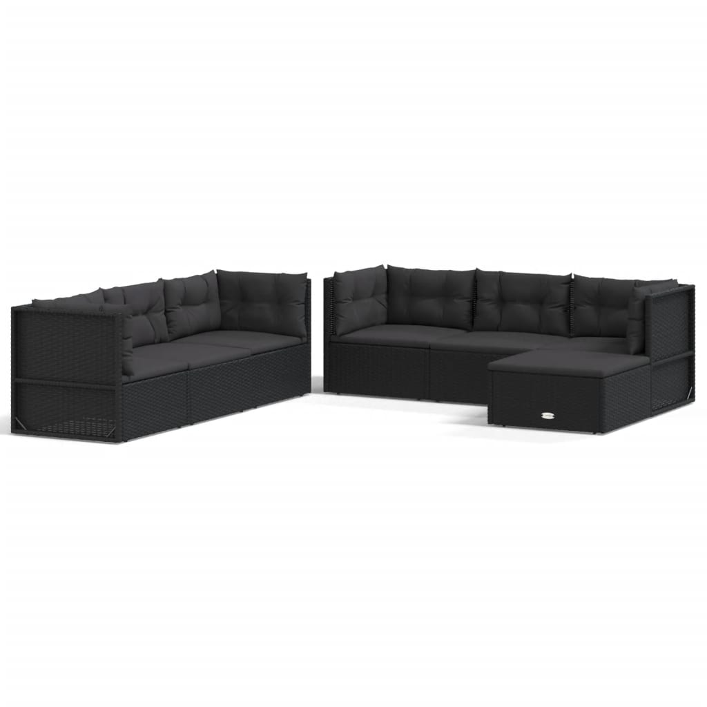 7 Piece Garden Lounge Set with Cushions Black Poly Rattan