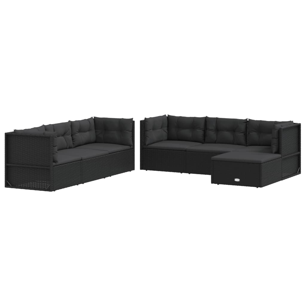 7 Piece Garden Lounge Set with Cushions Black Poly Rattan