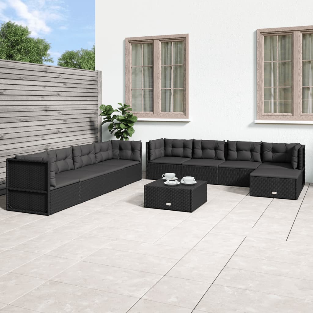 9 Piece Garden Lounge Set with Cushions Black Poly Rattan