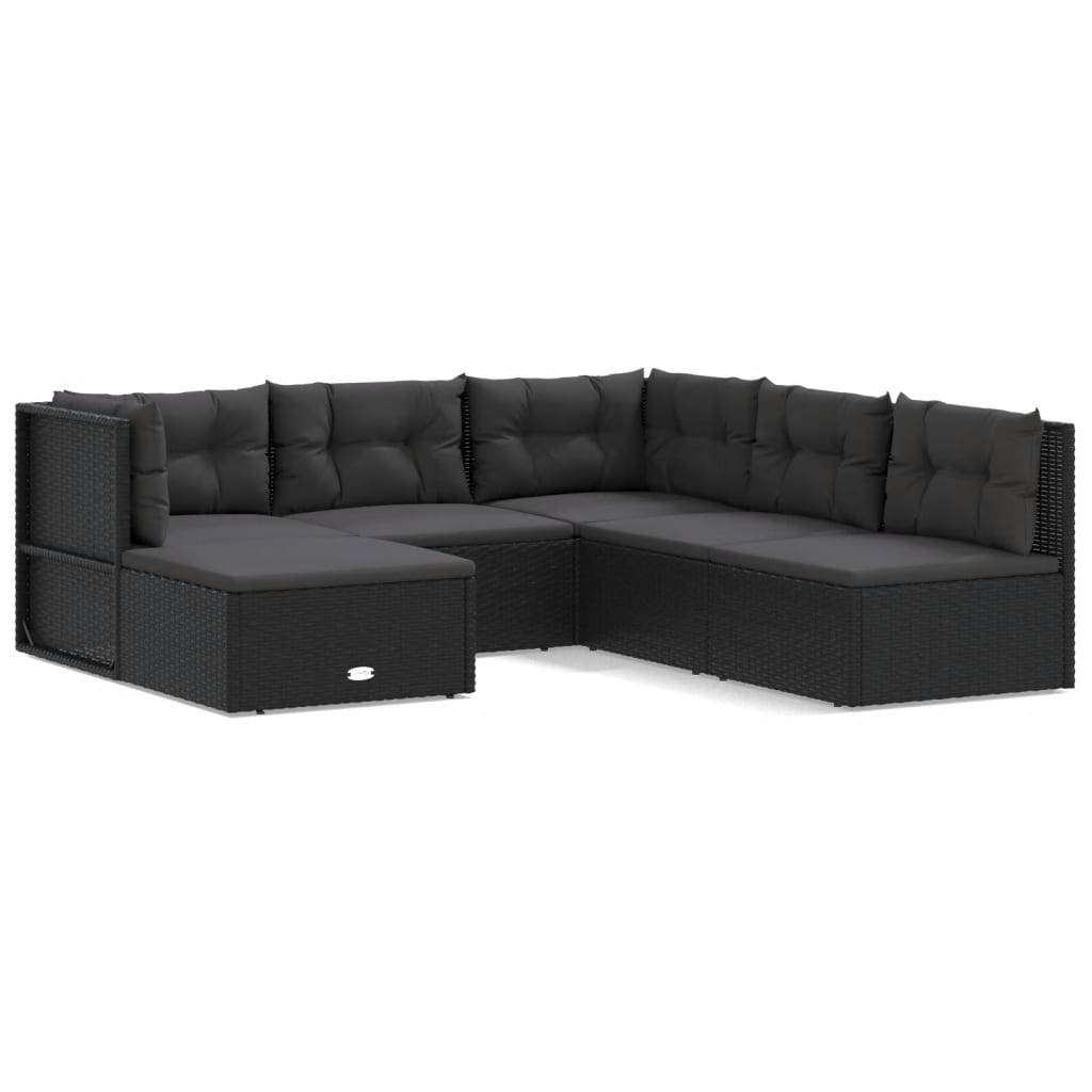 6 Piece Garden Lounge Set with Cushions Black Poly Rattan