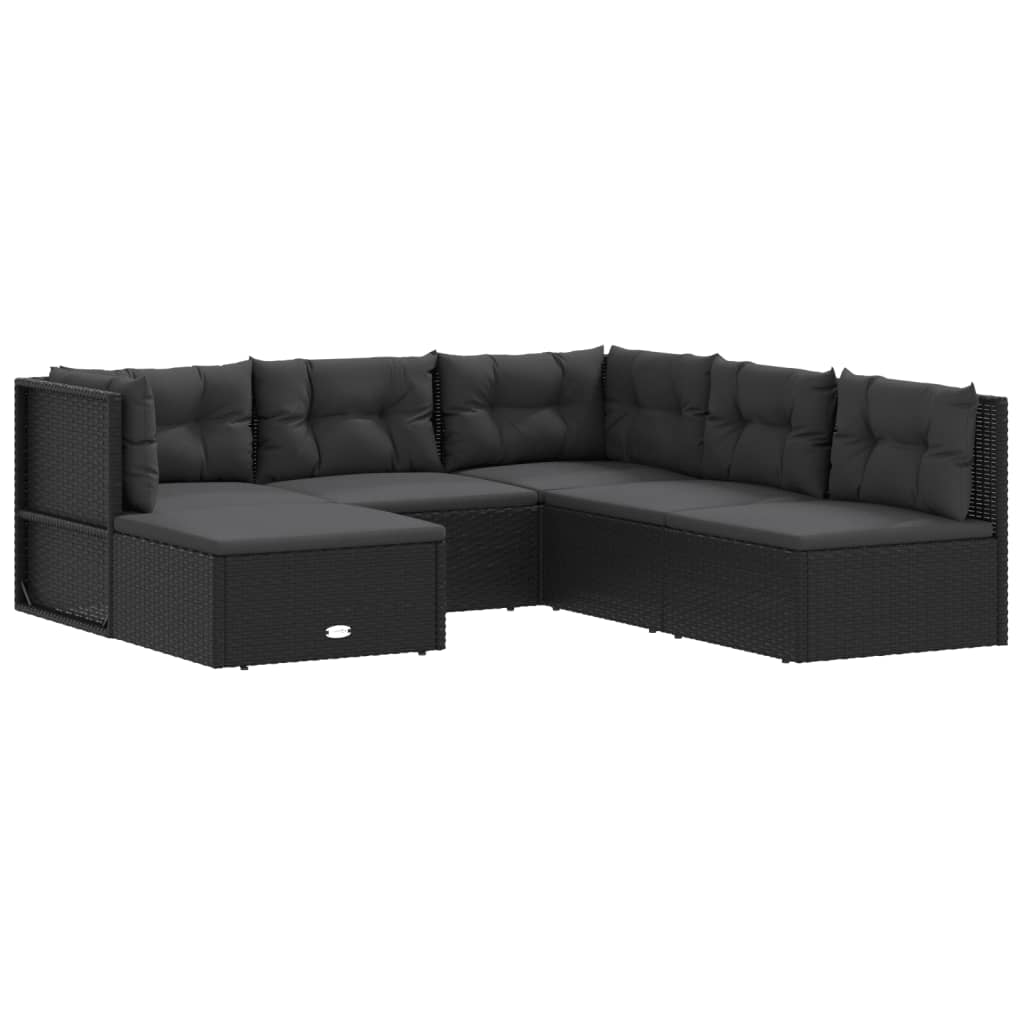 6 Piece Garden Lounge Set with Cushions Black Poly Rattan
