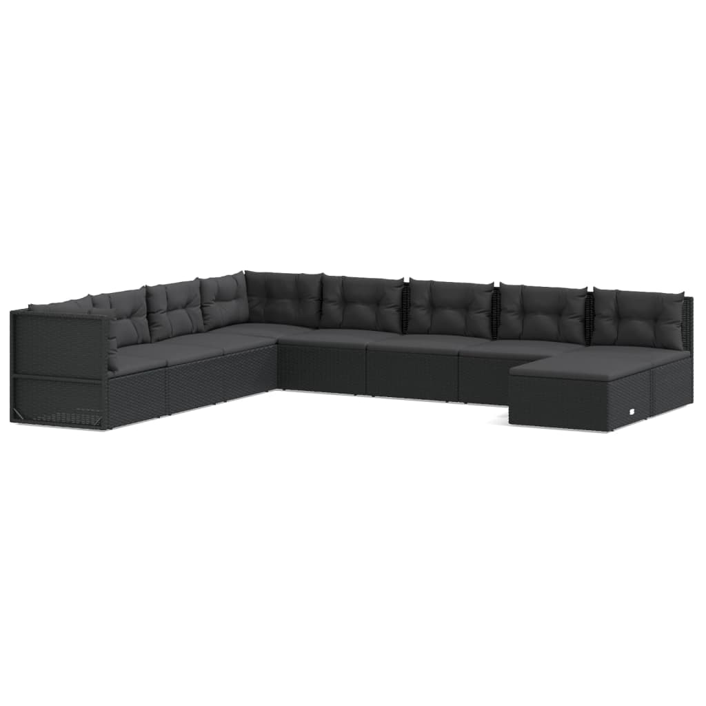9 Piece Garden Lounge Set with Cushions Black Poly Rattan