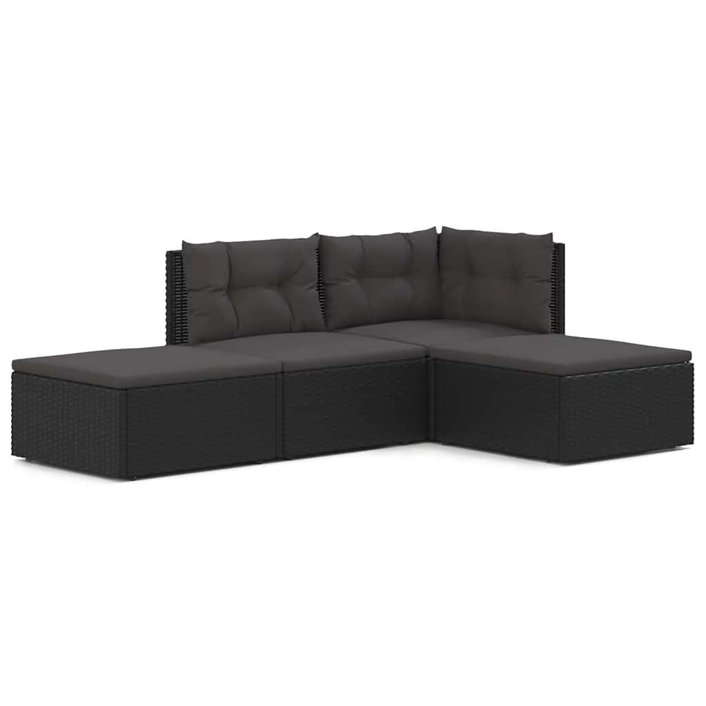 4 Piece Garden Lounge Set with Cushions Black Poly Rattan
