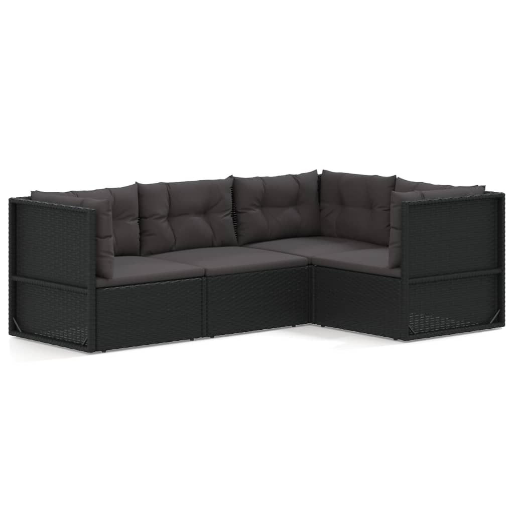 4 Piece Garden Lounge Set with Cushions Black Poly Rattan
