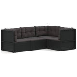 4 Piece Garden Lounge Set with Cushions Black Poly Rattan - Front View