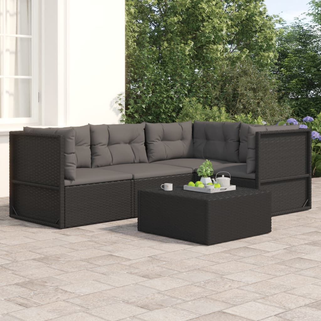 4 Piece Garden Lounge Set with Cushions Black Poly Rattan