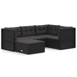 5 Piece Garden Lounge Set with Cushions Black Poly Rattan - Front View