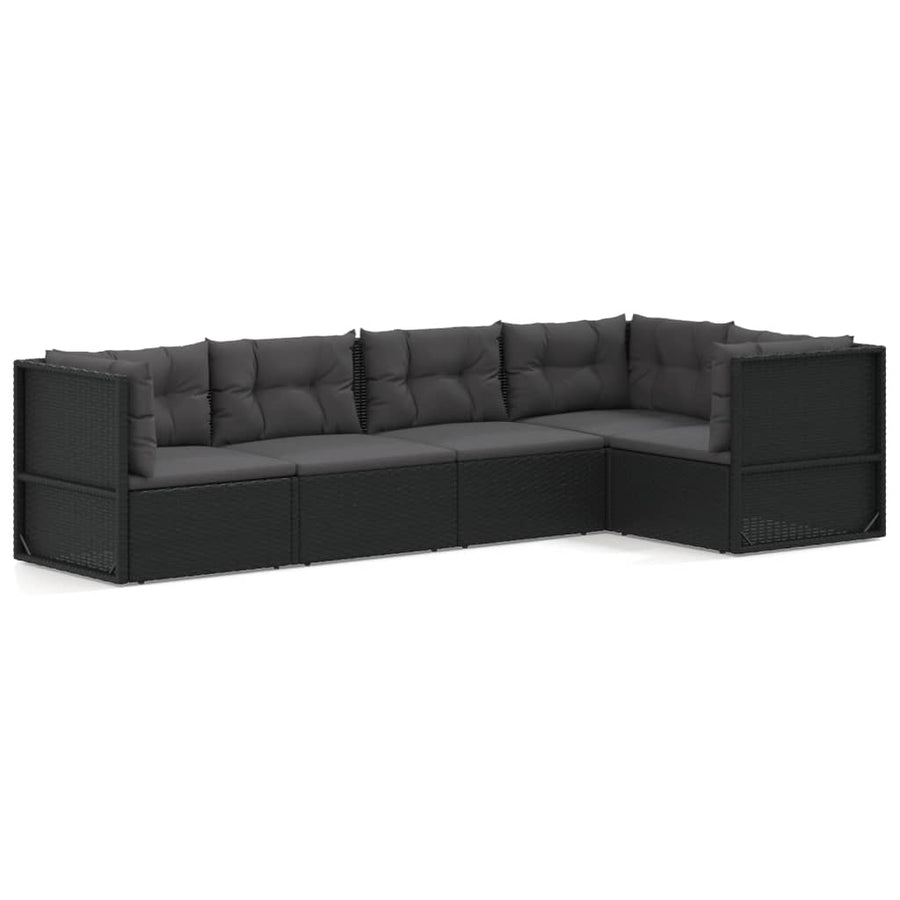 5 Piece Garden Lounge Set with Cushions Black Poly Rattan