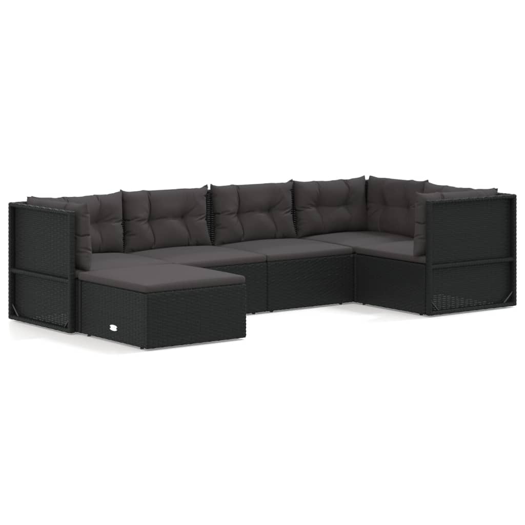 6 Piece Garden Lounge Set with Cushions Black Poly Rattan