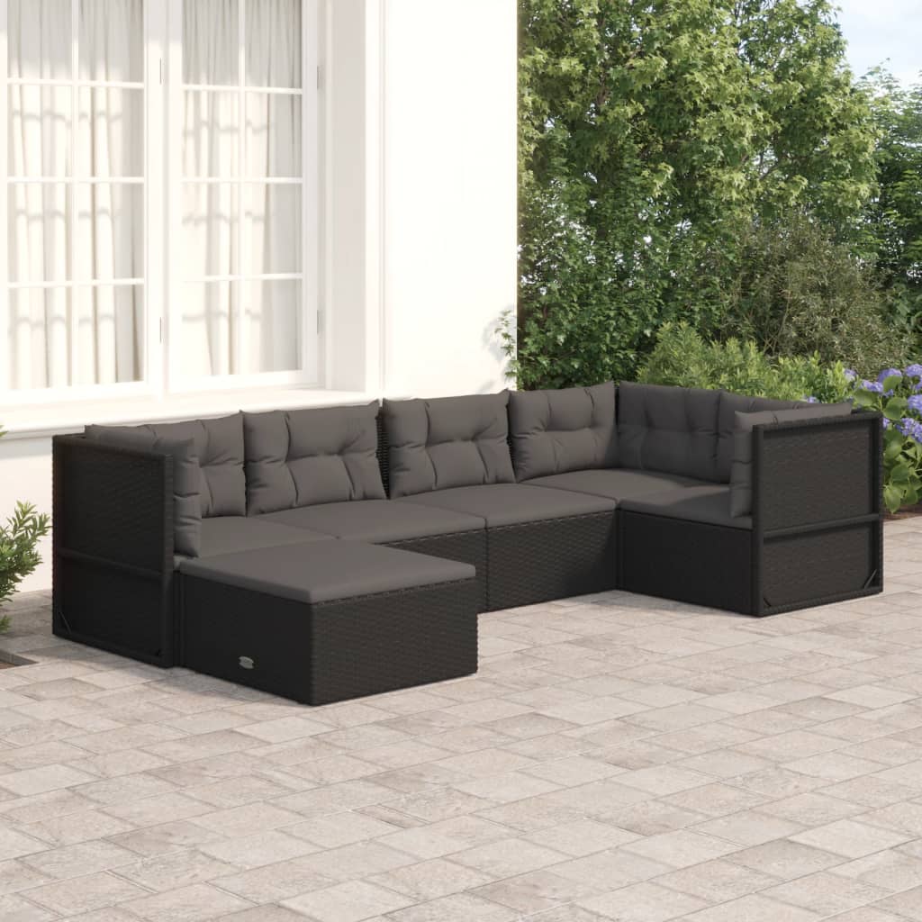 6 Piece Garden Lounge Set with Cushions Black Poly Rattan