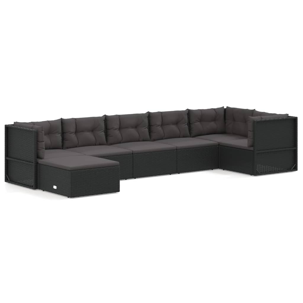 7 Piece Garden Lounge Set with Cushions Black Poly Rattan
