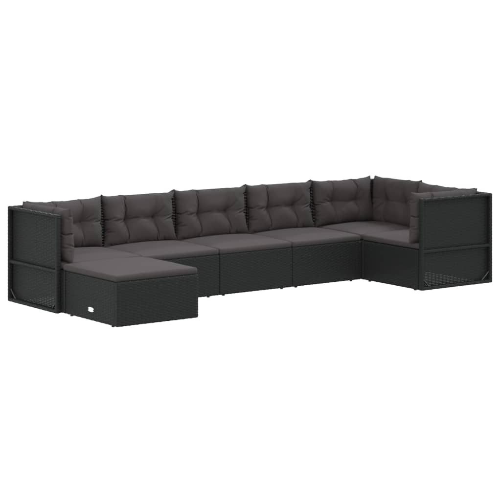 7 Piece Garden Lounge Set with Cushions Black Poly Rattan