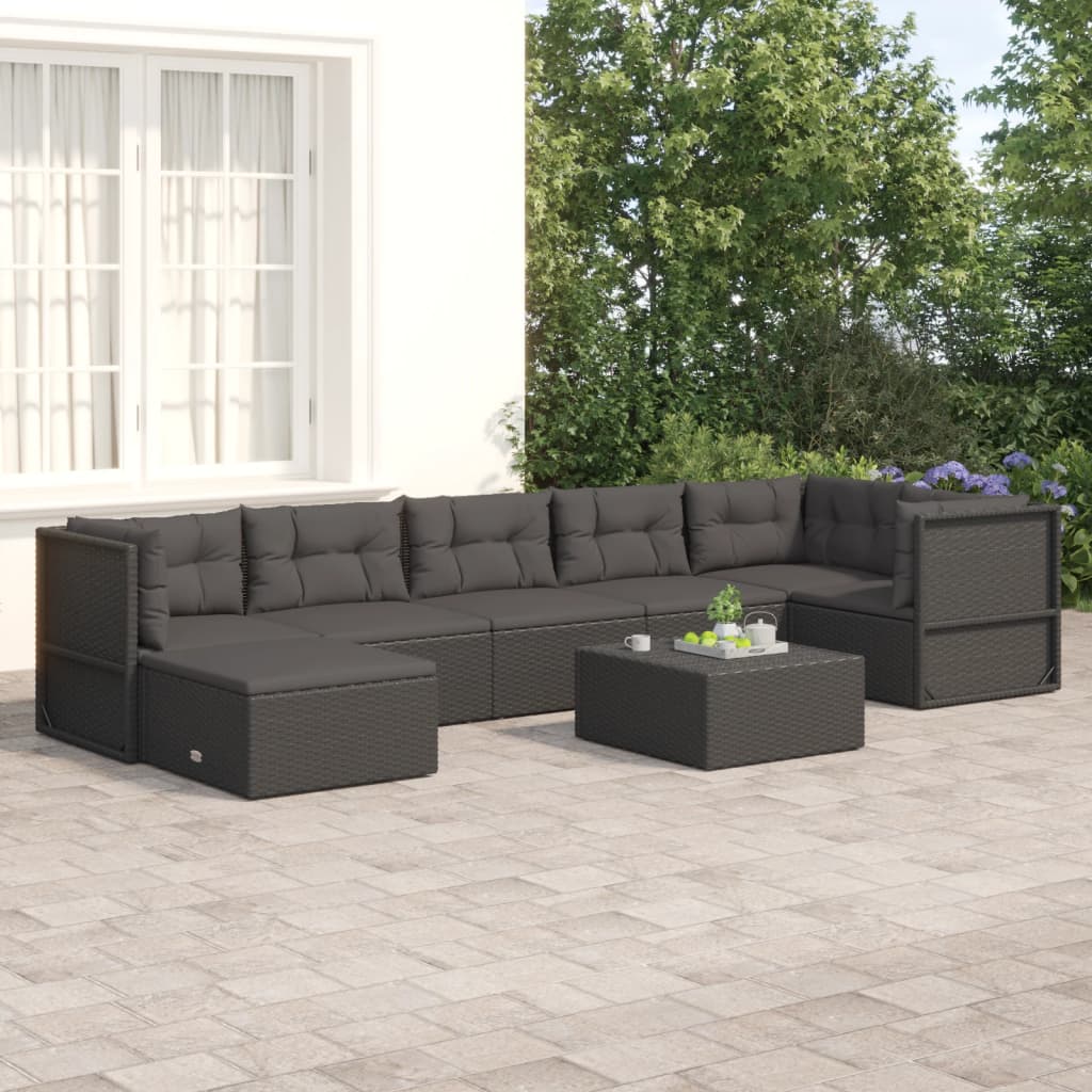 7 Piece Garden Lounge Set with Cushions Black Poly Rattan