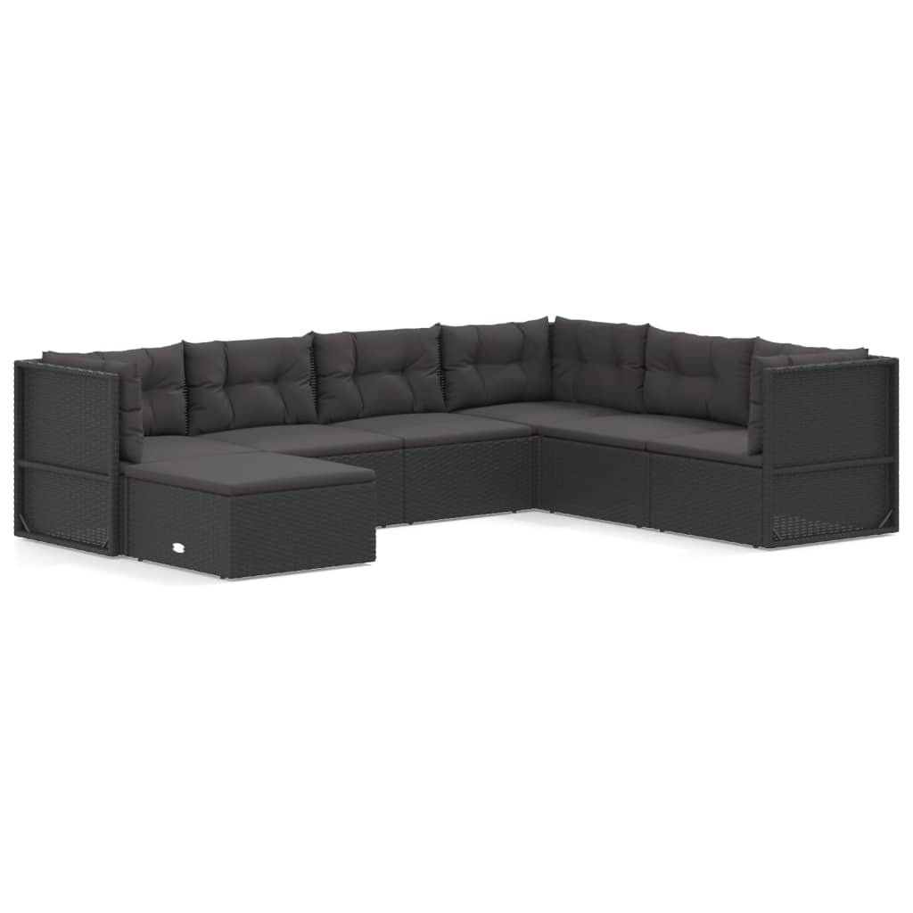 7 Piece Garden Lounge Set with Cushions Black Poly Rattan