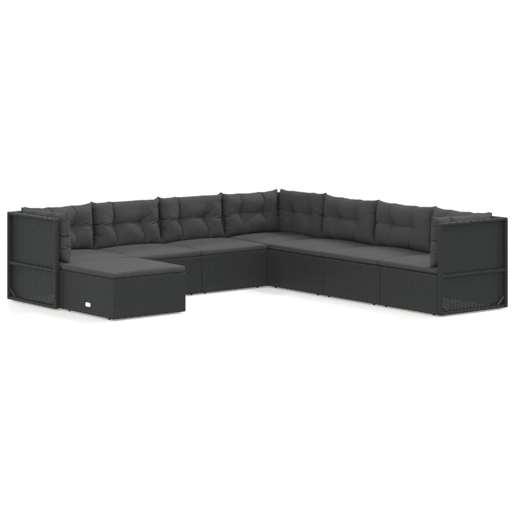 8 Piece Garden Lounge Set with Cushions Black Poly Rattan