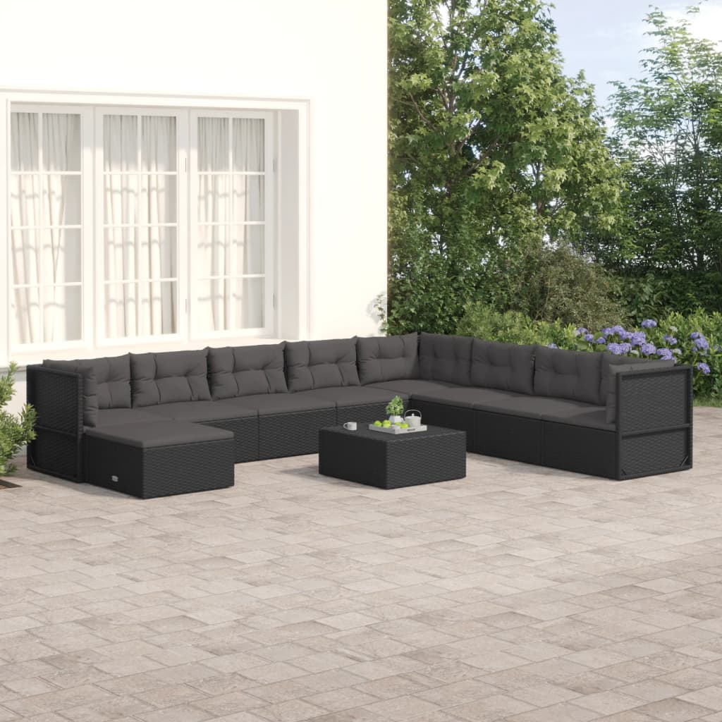 9 Piece Garden Lounge Set with Cushions Black Poly Rattan