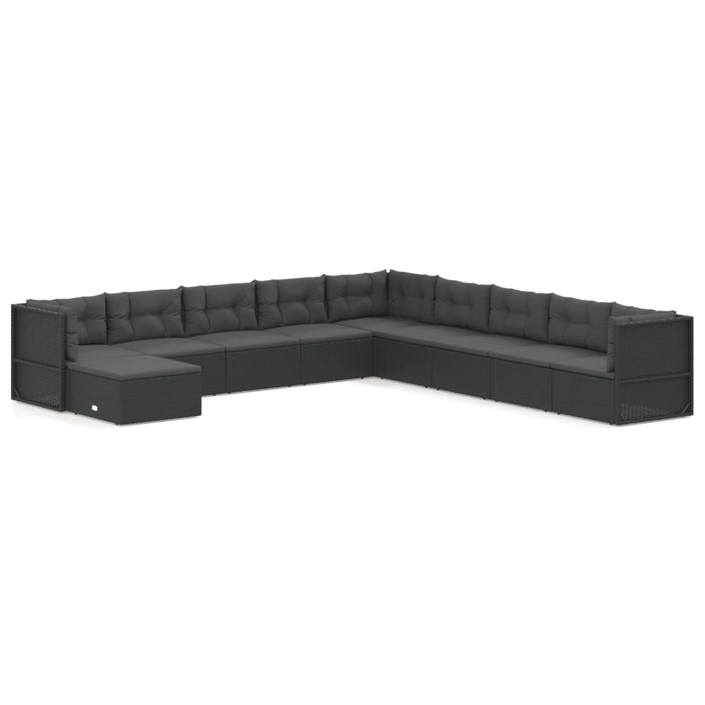 10 Piece Garden Lounge Set with Cushions Black Poly Rattan