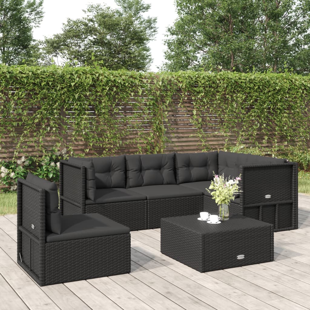 5 Piece Garden Lounge Set with Cushions Black Poly Rattan