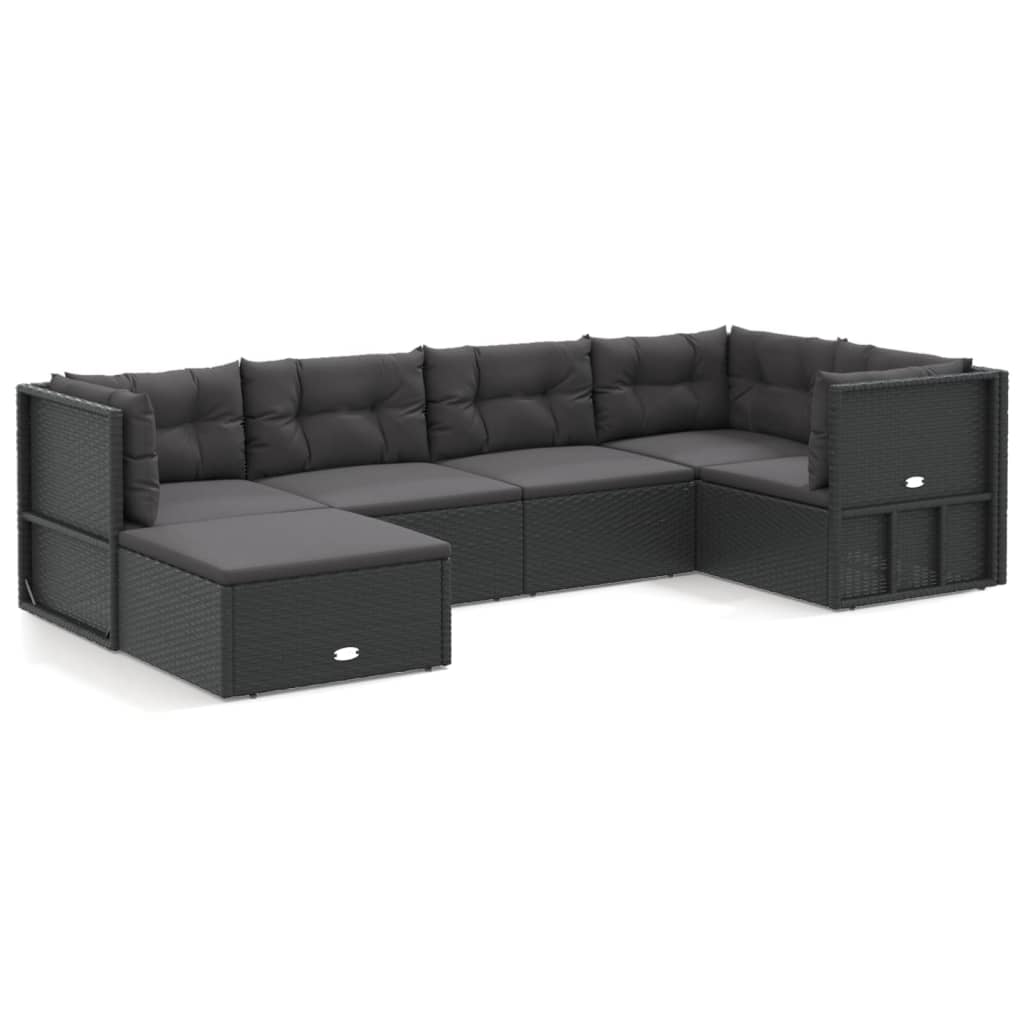 6 Piece Garden Lounge Set with Cushions Black Poly Rattan