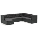 7 Piece Garden Lounge Set with Cushions Black Poly Rattan - Front View