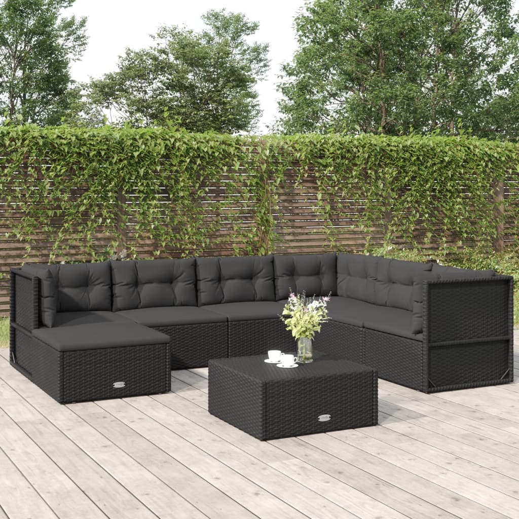 7 Piece Garden Lounge Set with Cushions Black Poly Rattan