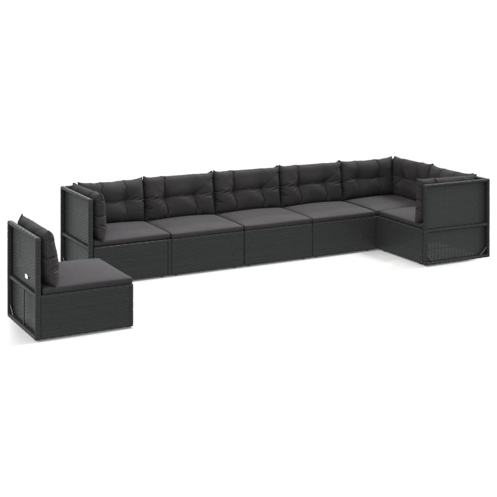 7 Piece Garden Lounge Set with Cushions Black Poly Rattan