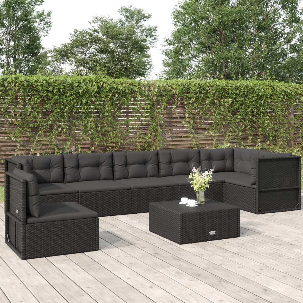 7 Piece Garden Lounge Set with Cushions Black Poly Rattan