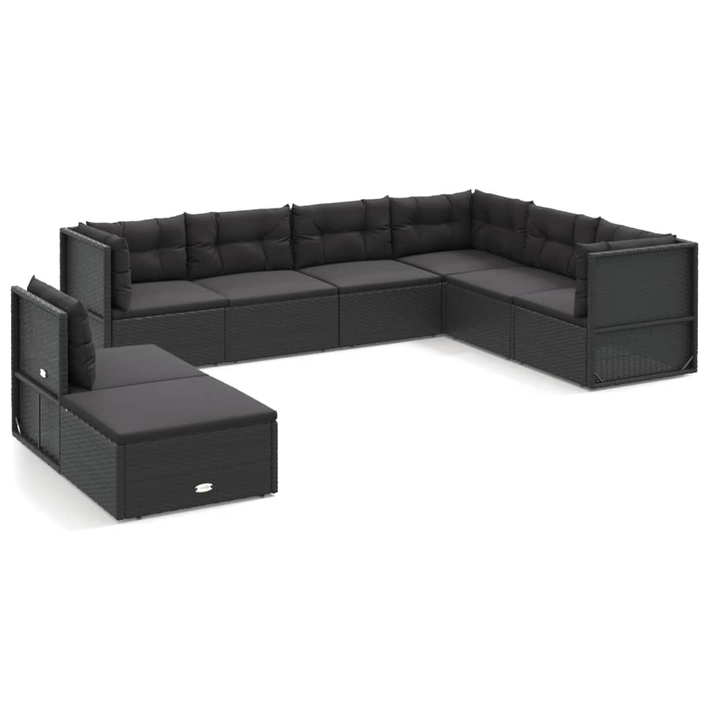 8 Piece Garden Lounge Set with Cushions Black Poly Rattan