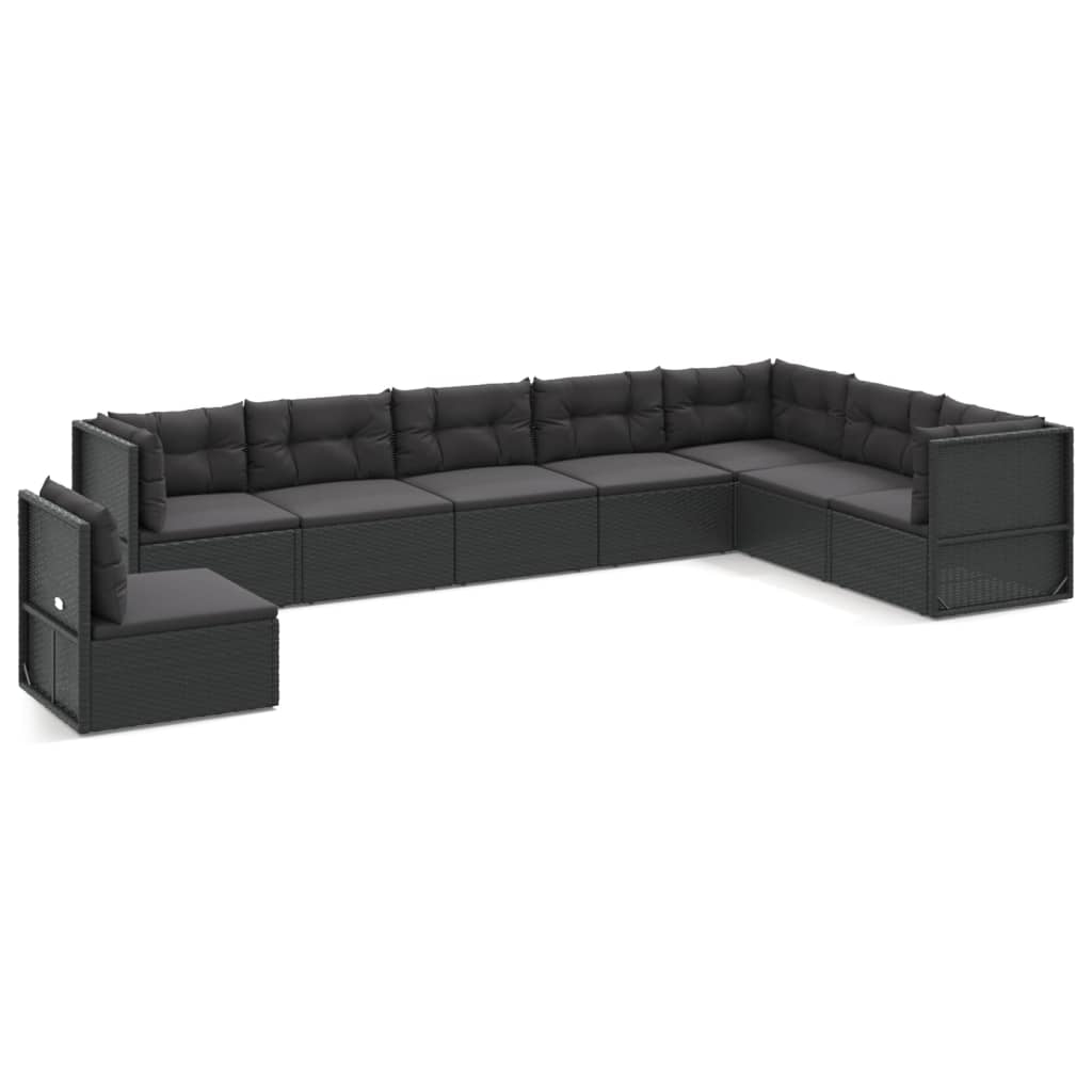 8 Piece Garden Lounge Set with Cushions Black Poly Rattan