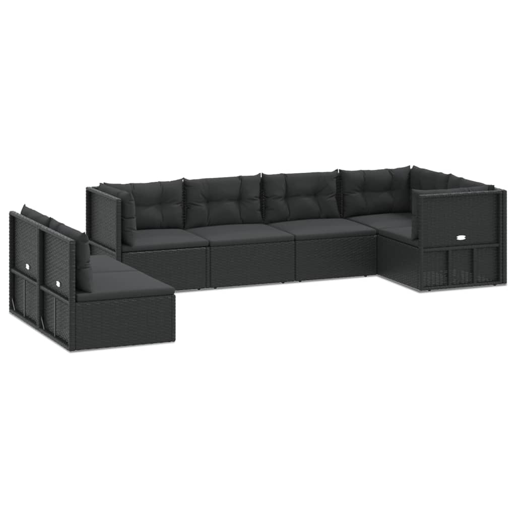 7 Piece Garden Lounge Set with Cushions Black Poly Rattan