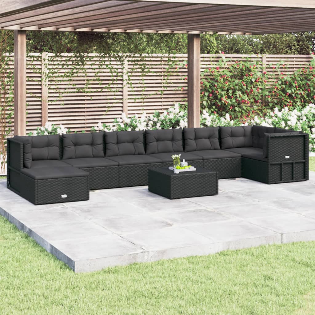 8 Piece Garden Lounge Set with Cushions Black Poly Rattan