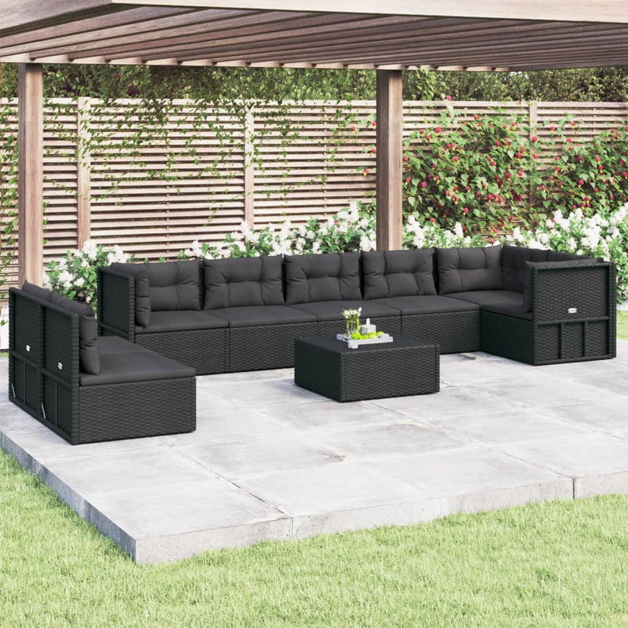 8 Piece Garden Lounge Set with Cushions Black Poly Rattan