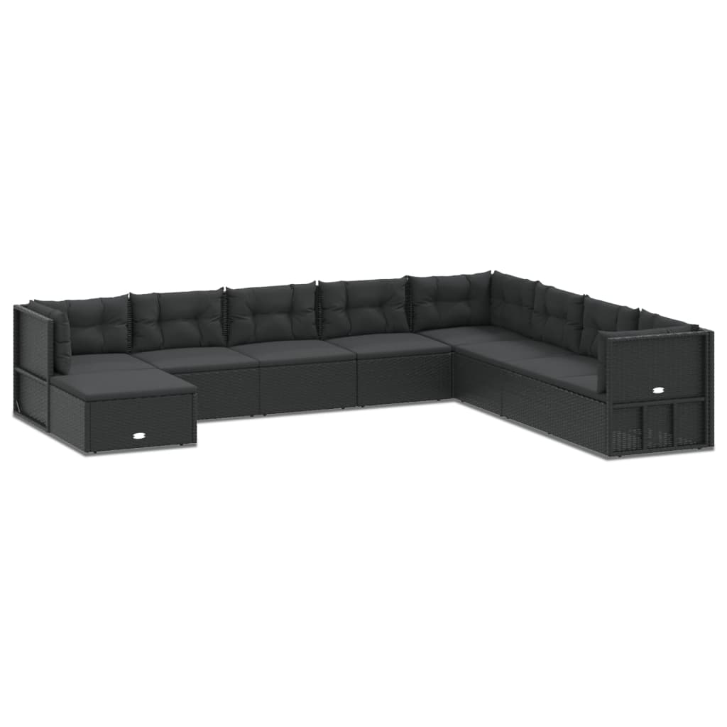 9 Piece Garden Lounge Set with Cushions Black Poly Rattan