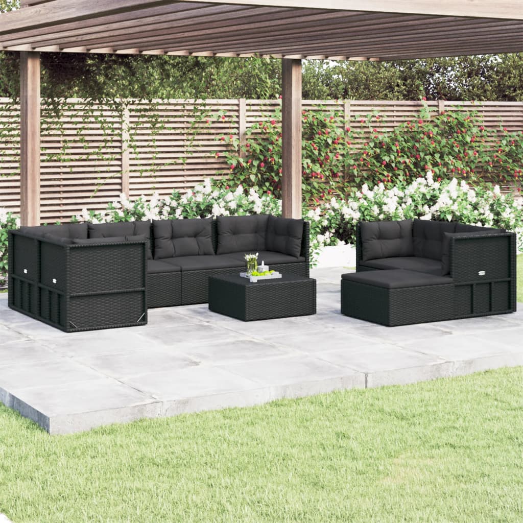 8 Piece Garden Lounge Set with Cushions Black Poly Rattan