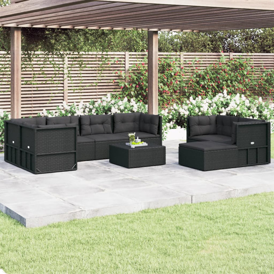 8 Piece Garden Lounge Set with Cushions Black Poly Rattan