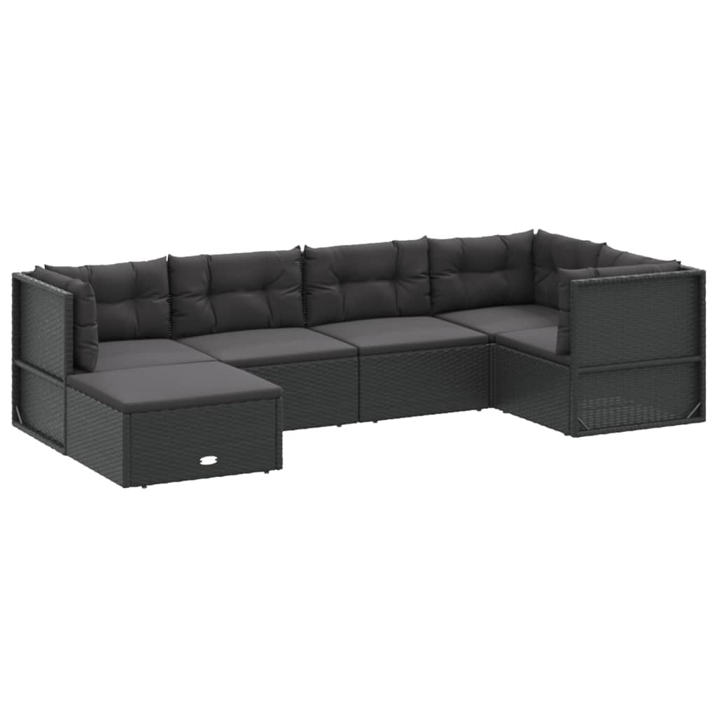 6 Piece Garden Lounge Set with Cushions Black Poly Rattan