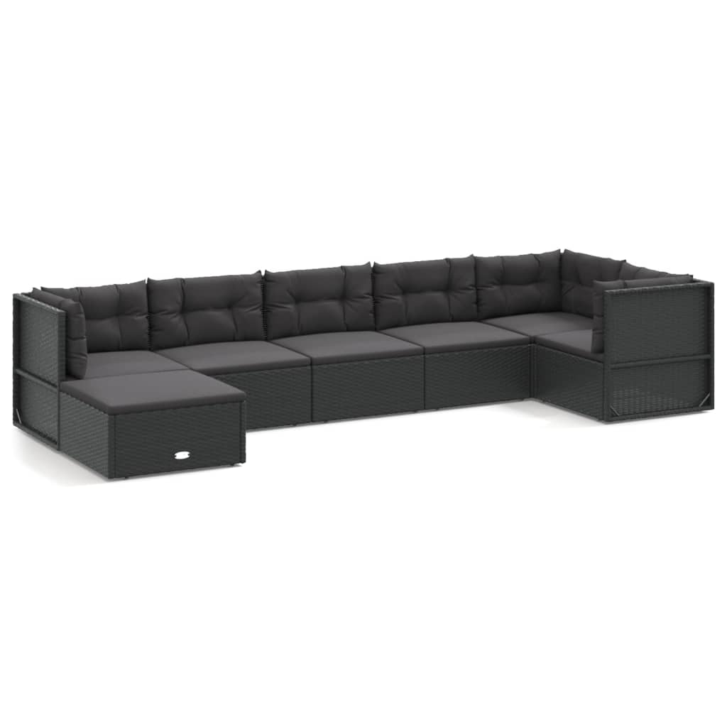 7 Piece Garden Lounge Set with Cushions Black Poly Rattan