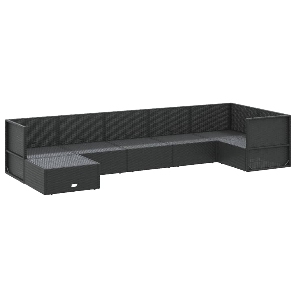 7 Piece Garden Lounge Set with Cushions Black Poly Rattan