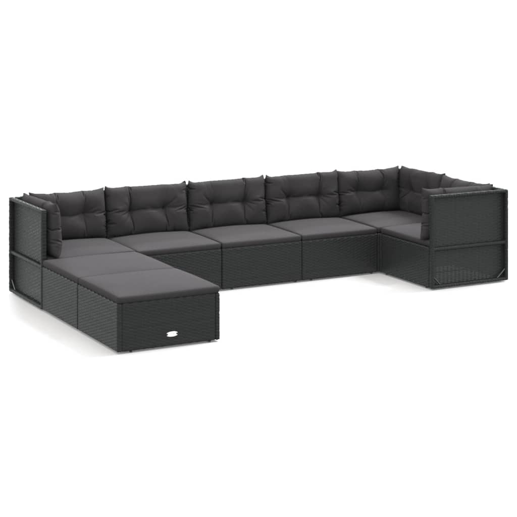 8 Piece Garden Lounge Set with Cushions Black Poly Rattan