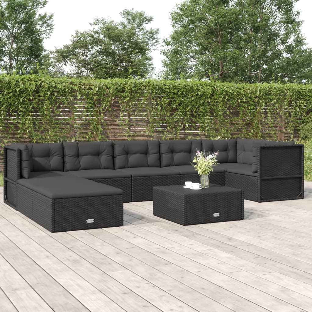 8 Piece Garden Lounge Set with Cushions Black Poly Rattan