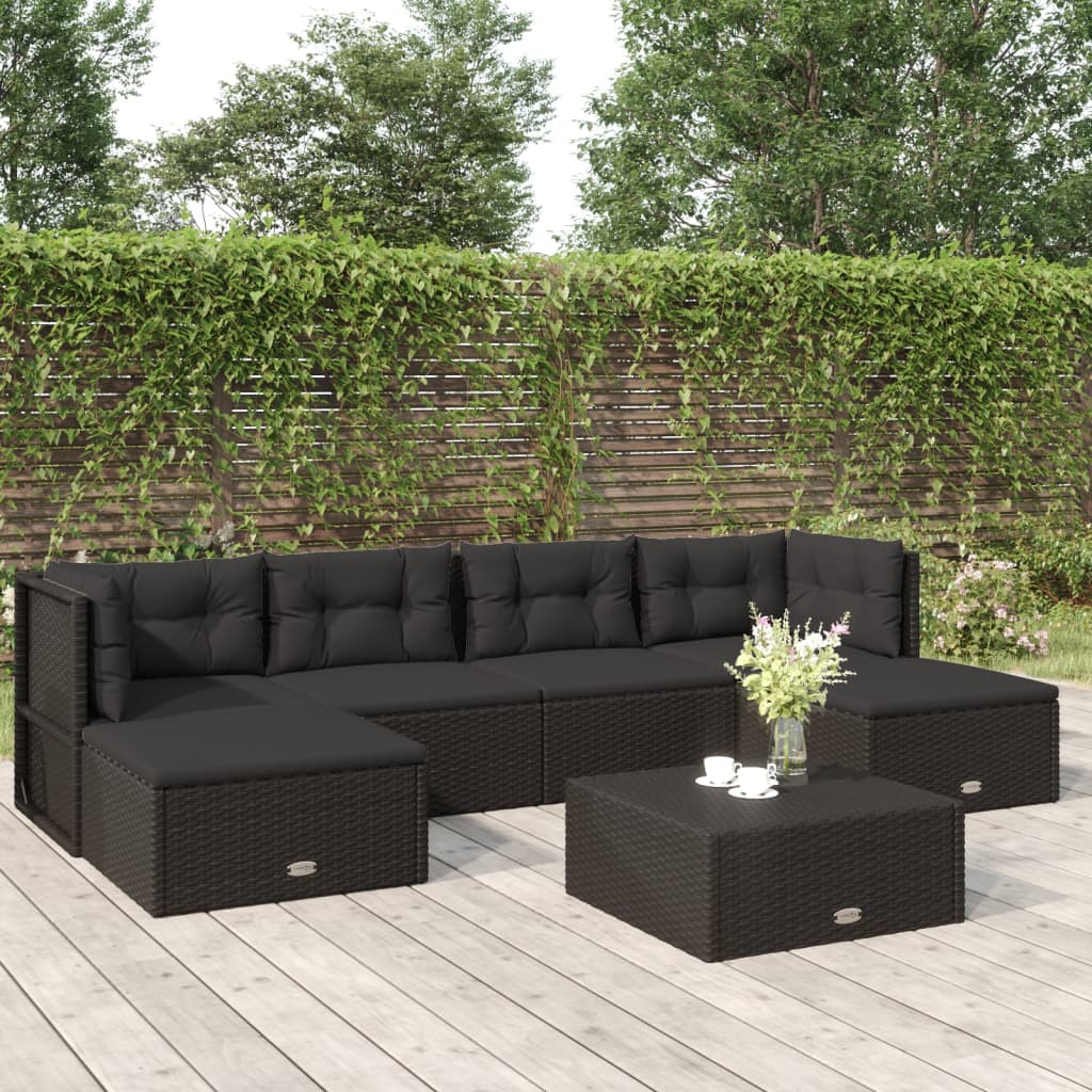 6 Piece Garden Lounge Set with Cushions Black Poly Rattan