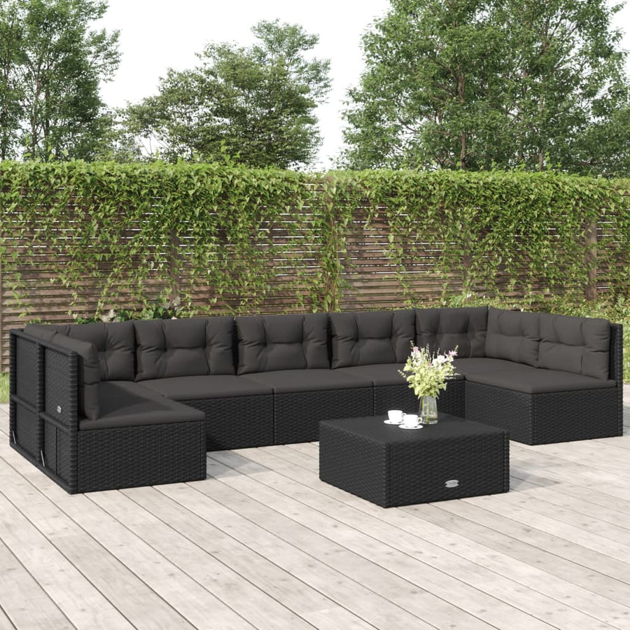 7 Piece Outdoor Sofa Set with Cushions Black Poly Rattan