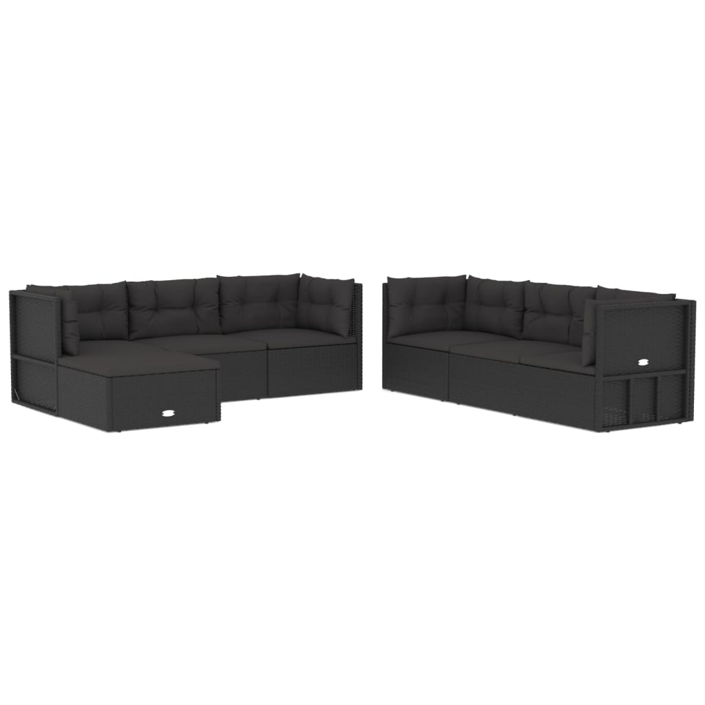 7 Piece Outdoor Sofa Set with Cushions Black Poly Rattan