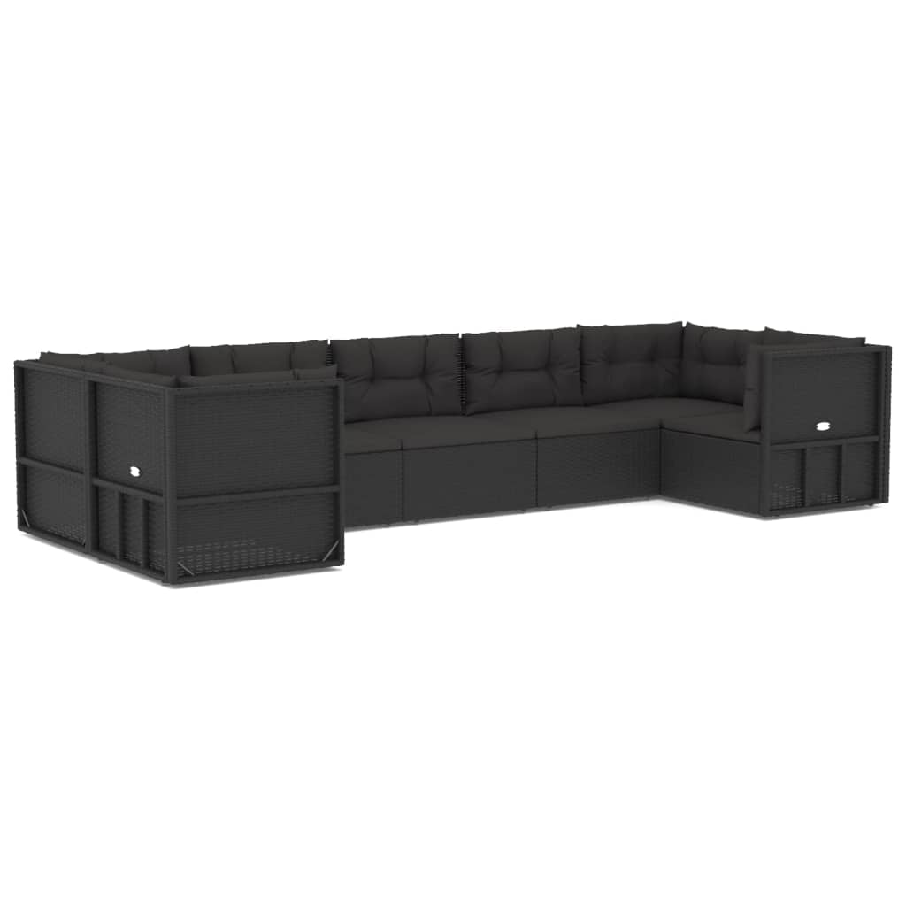 7 Piece Outdoor Sofa Set with Cushions Black Poly Rattan