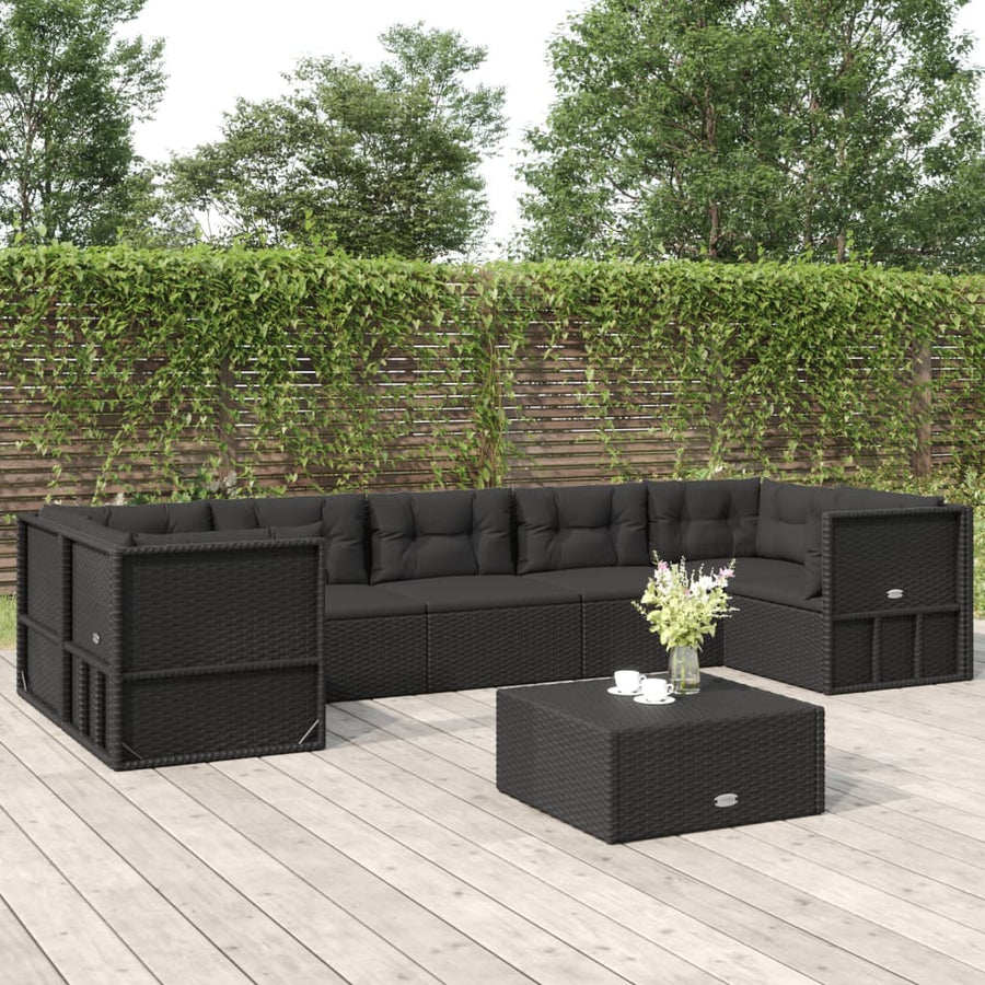 7 Piece Outdoor Sofa Set with Cushions Black Poly Rattan