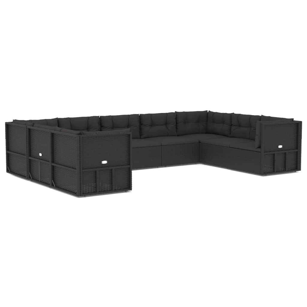 9 Piece Outdoor Sofa Set with Cushions Black Poly Rattan