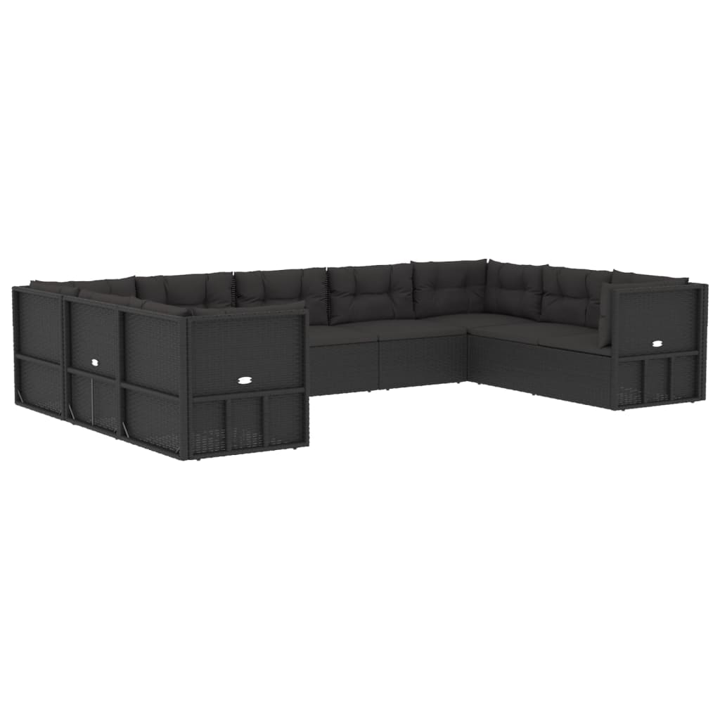 9 Piece Outdoor Sofa Set with Cushions Black Poly Rattan
