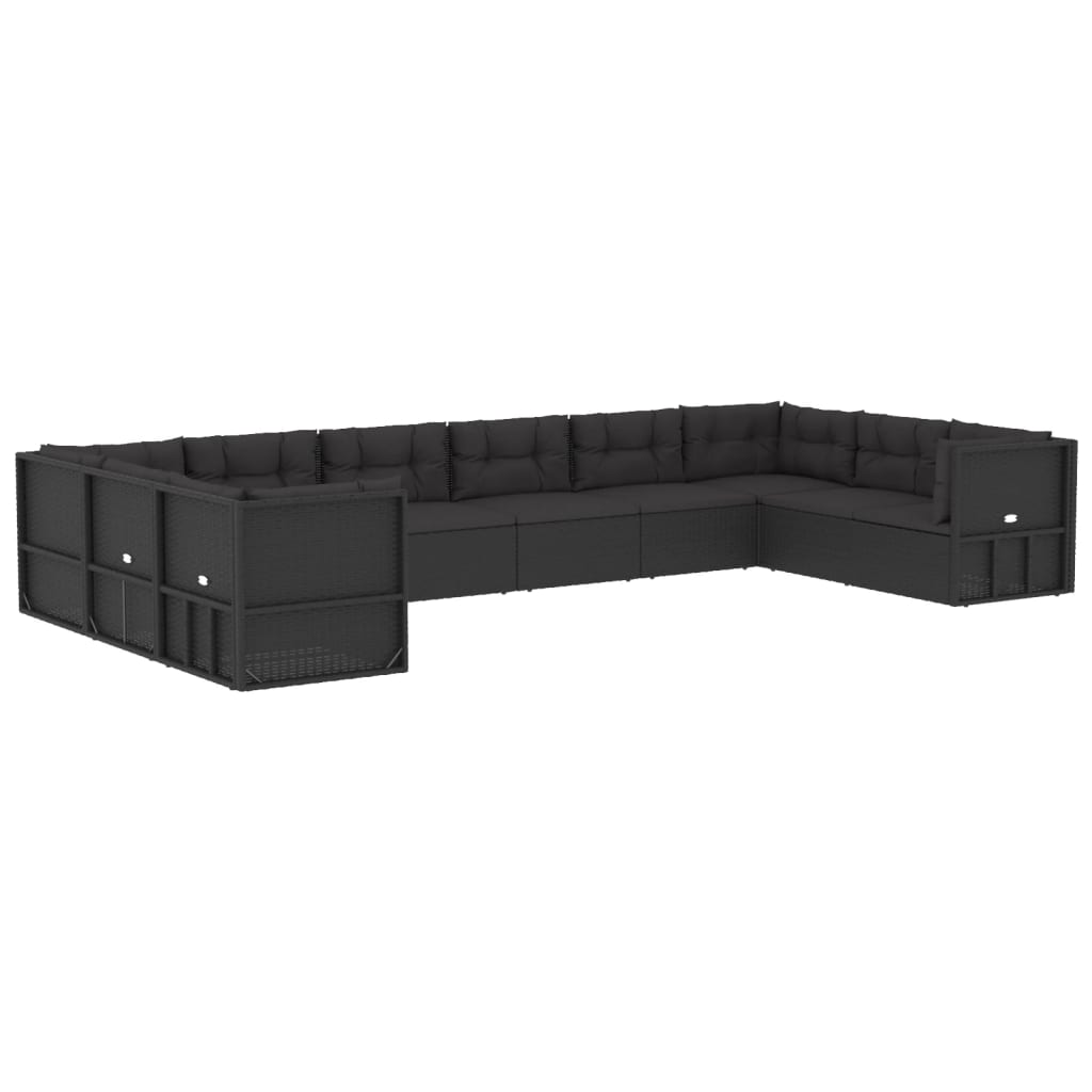 10 Piece Outdoor Sofa Set with Cushions Black Poly Rattan