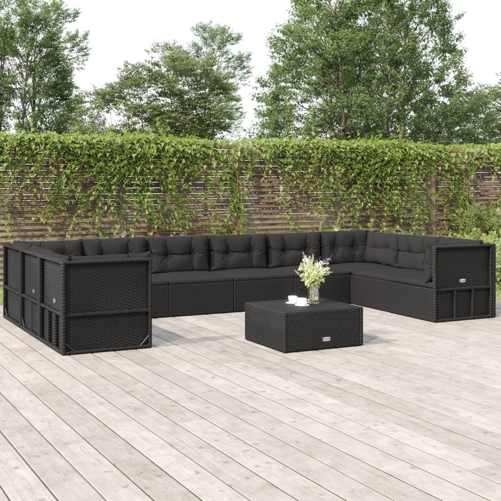 10 Piece Outdoor Sofa Set with Cushions Black Poly Rattan